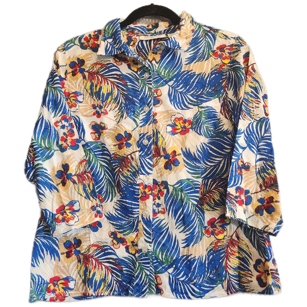 Breckenridge Petite Womens Blue Tropical Palm Floral Cotton Button Down Shirt PL